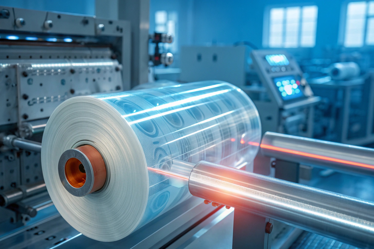 Printed laminated film roll for flexible packaging production in modern factory setting.