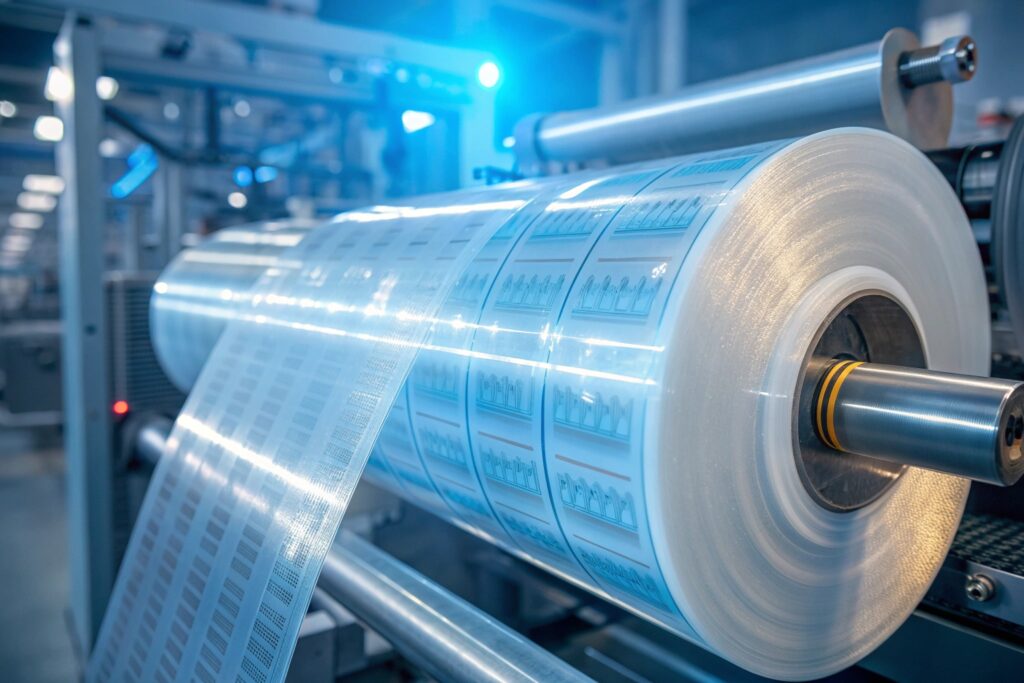 Printed laminated film roll for flexible packaging production in modern factory setting.