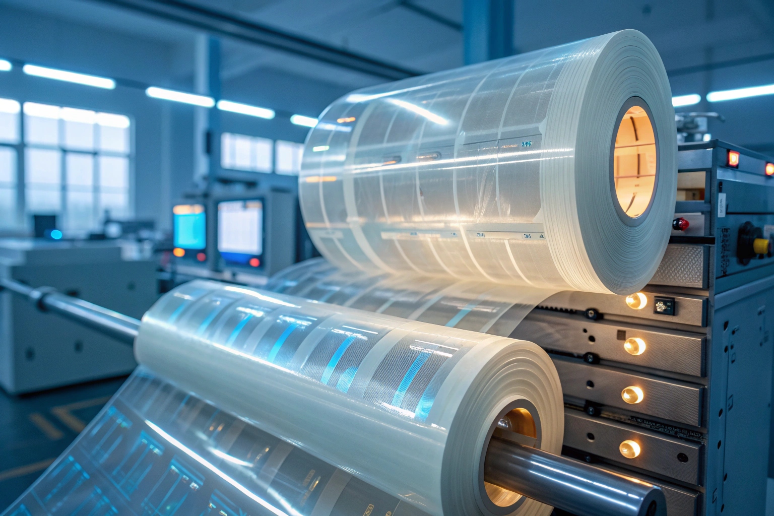 High-speed lamination machine producing transparent flexible packaging film rolls in a modern factory.