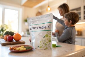 Resealable supplement pouch with fruit graphics on kitchen counter, child preparing food in background.