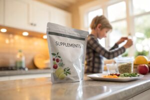 Resealable supplement pouch with fruit graphics on kitchen counter, child preparing food in background.