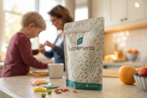 Stand-up pouch for supplements on kitchen counter, with pills and family in background.