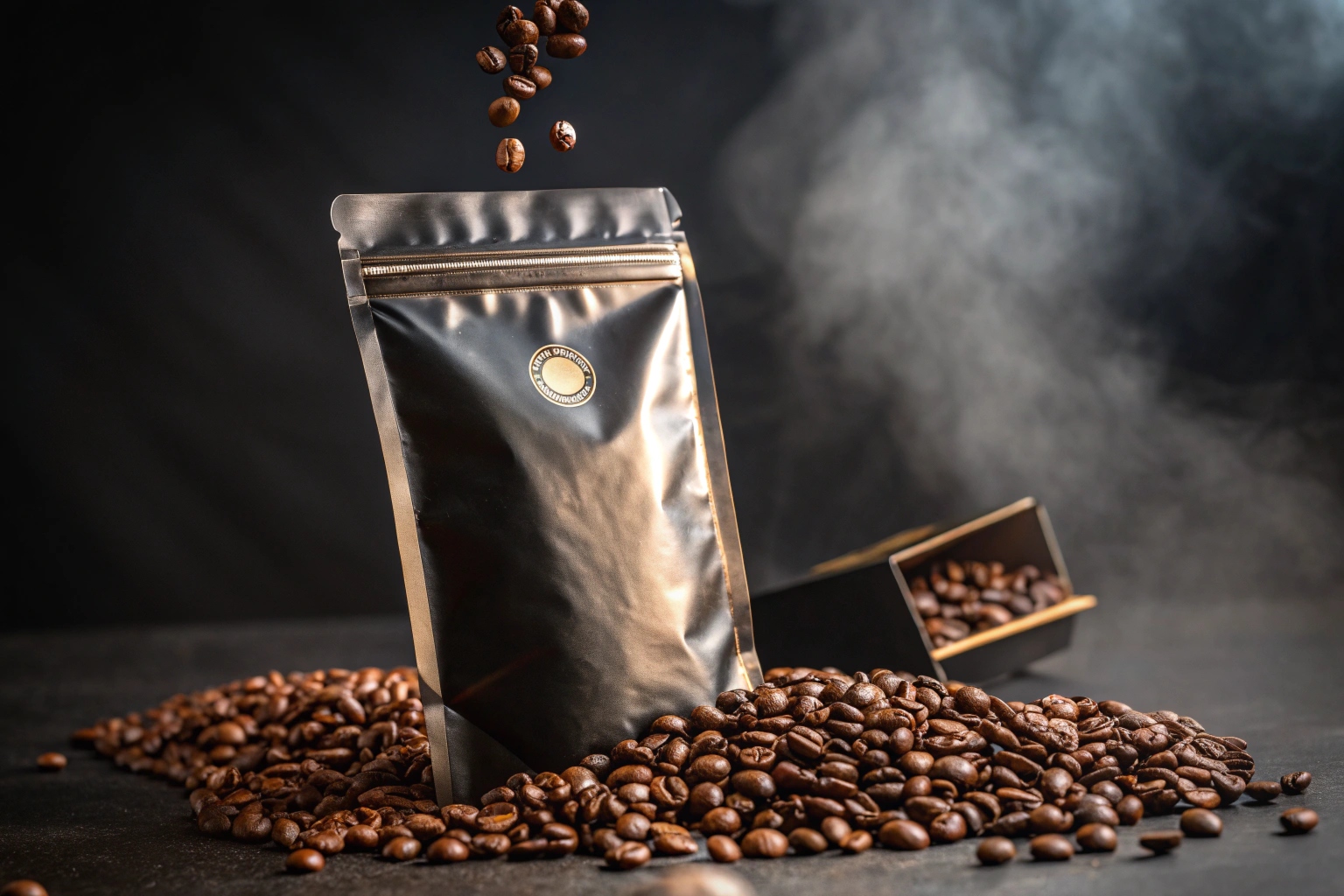 Glossy black coffee pouch with zipper surrounded by roasted beans and smoky background.
