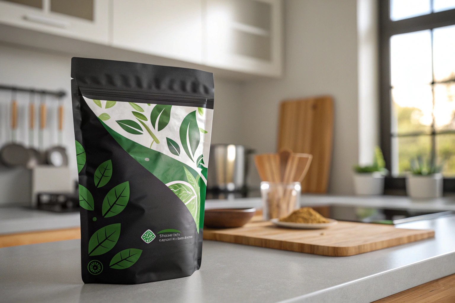 Matte stand-up pouch with green leaf design on kitchen counter for organic or herbal products.