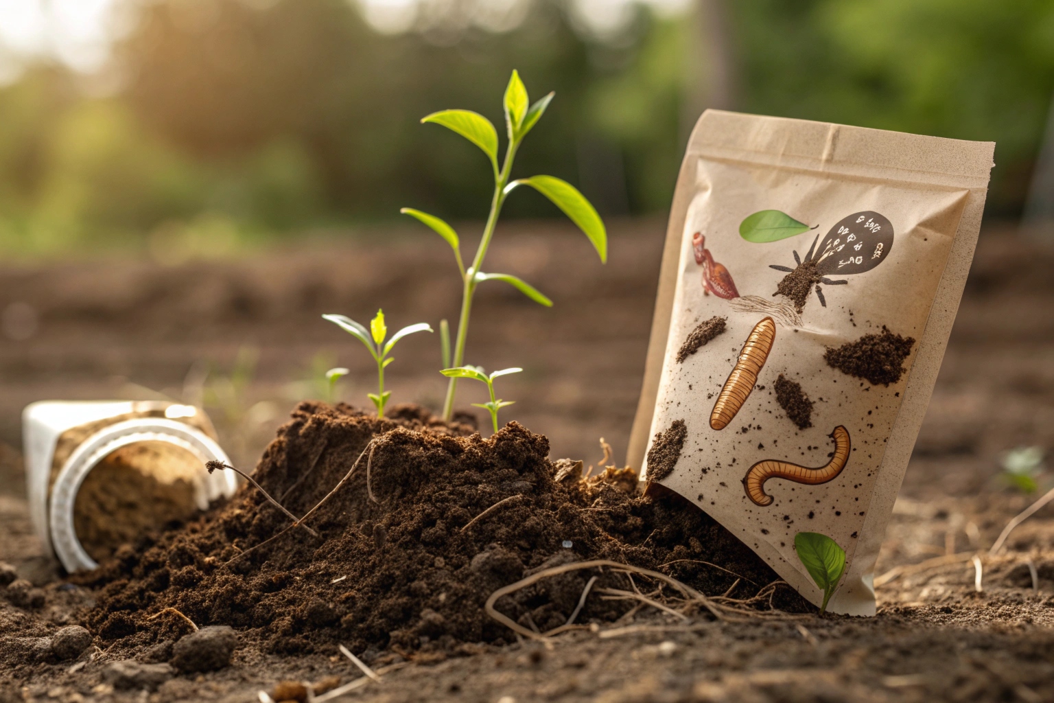 Compostable pouch with insect graphics placed in soil beside young plant sprout.