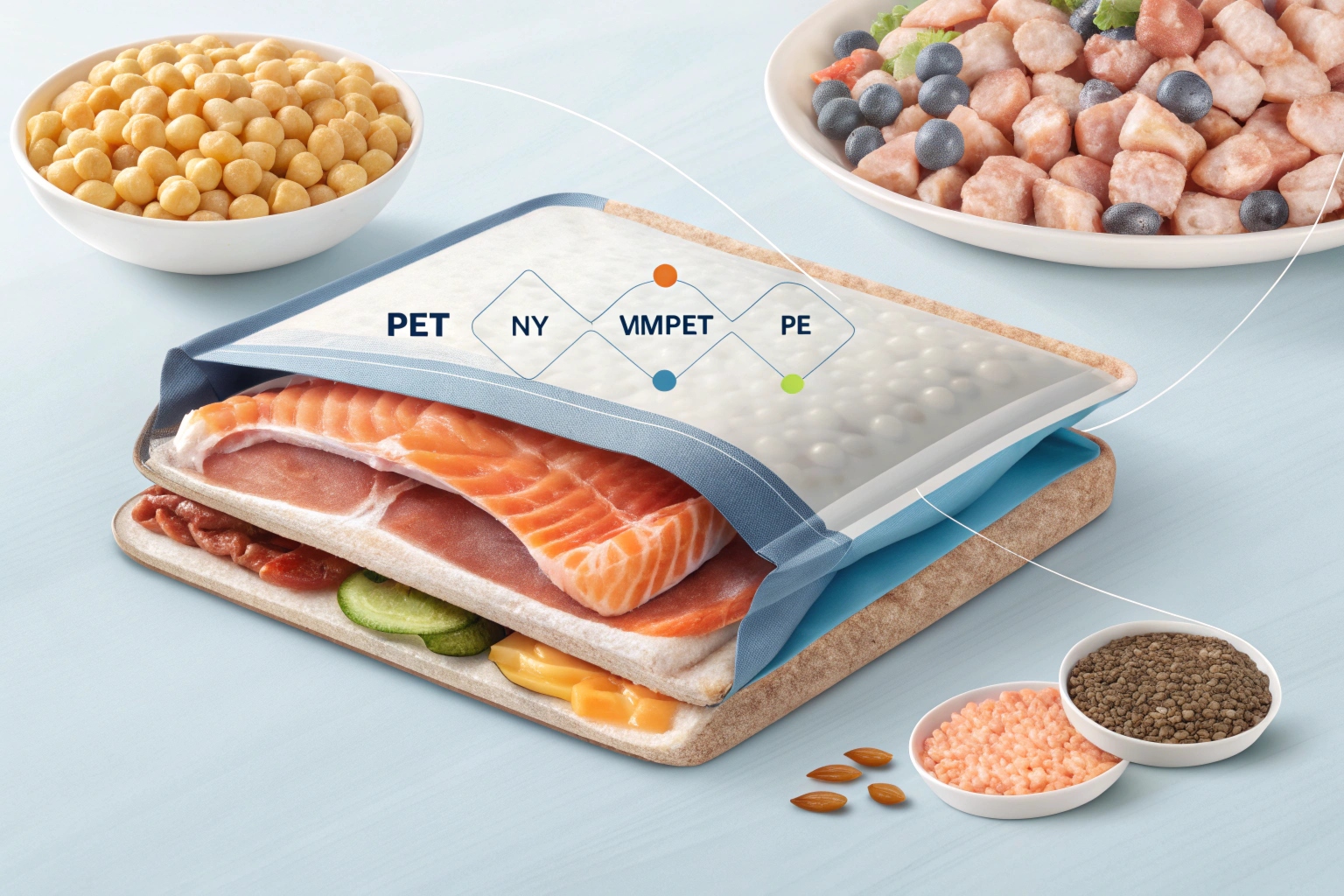 Multi-layer vacuum pouch with PET, NY, VMPET, and PE materials preserving frozen food freshness.