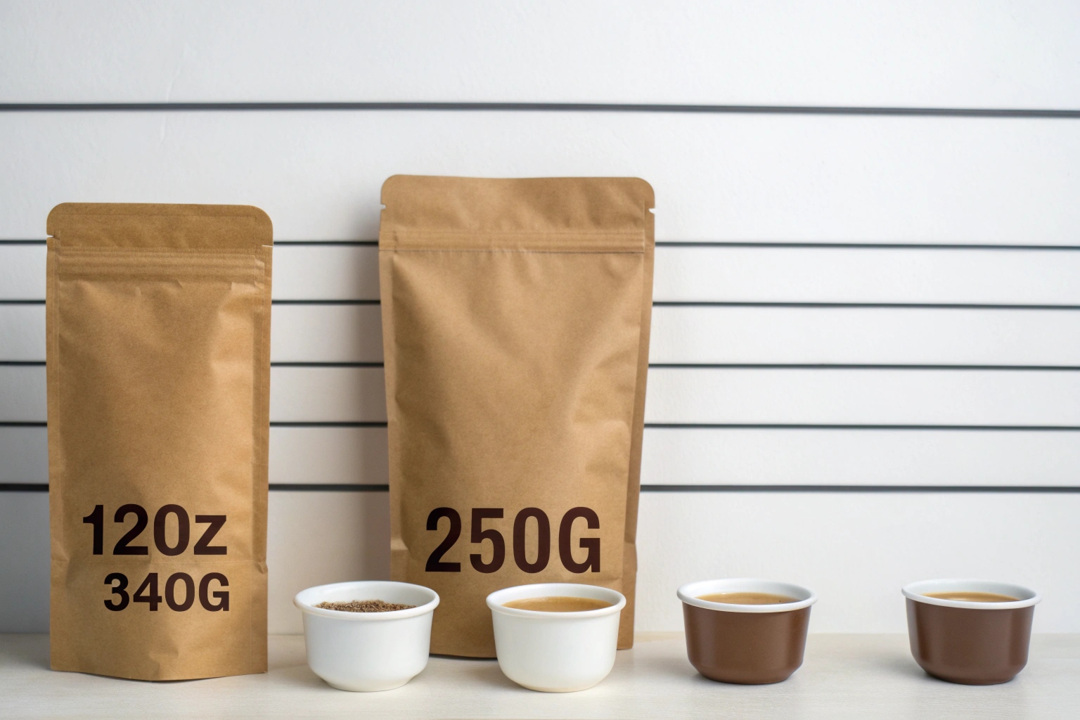 Kraft coffee bags labeled 120z 340g and 250g with cups showing portion comparisons.
