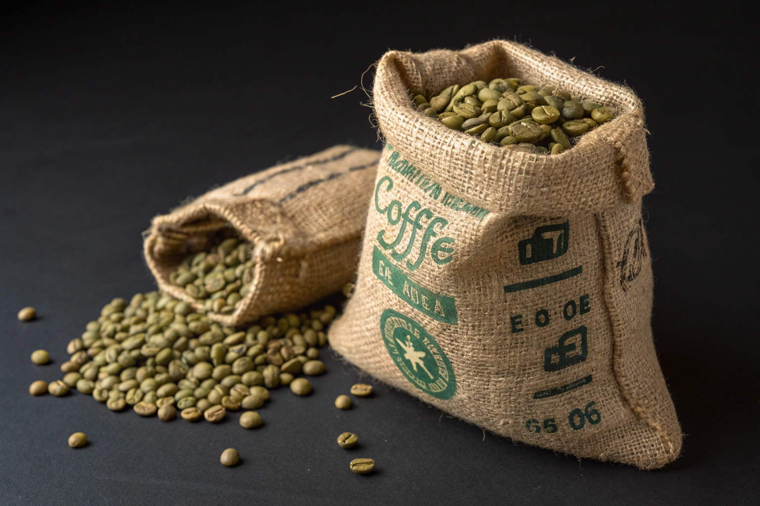 Burlap sacks filled with raw green coffee beans on black background.
