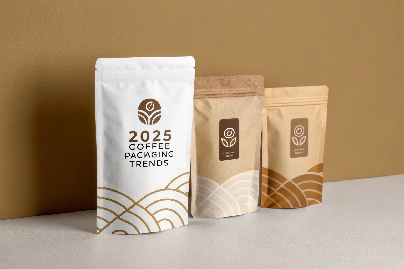 Three modern coffee stand-up pouches with minimalist design showcasing 2025 packaging trends in neutral tones.
