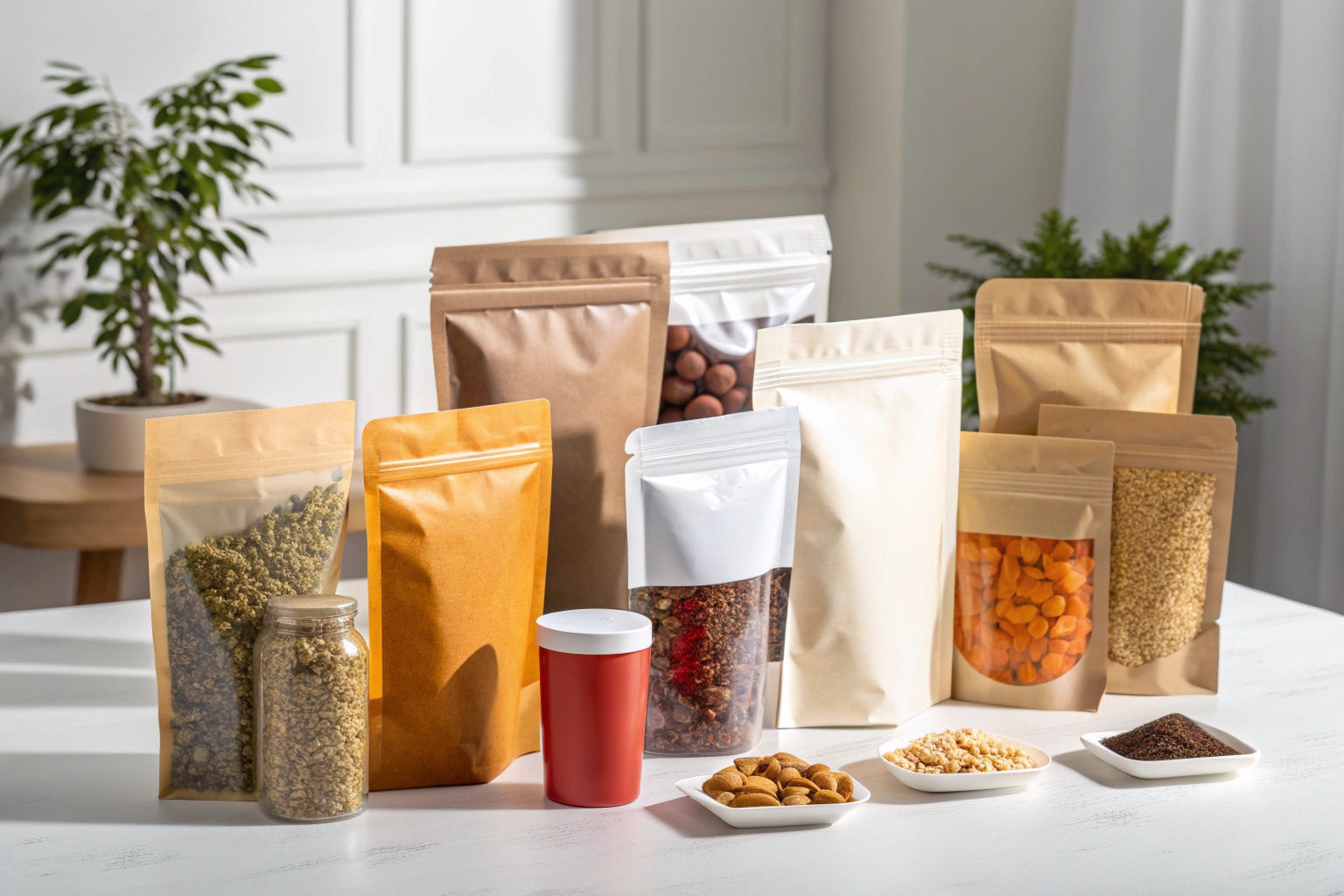 Assorted stand-up pouches filled with nuts, seeds, and snacks arranged on a white table in natural light.