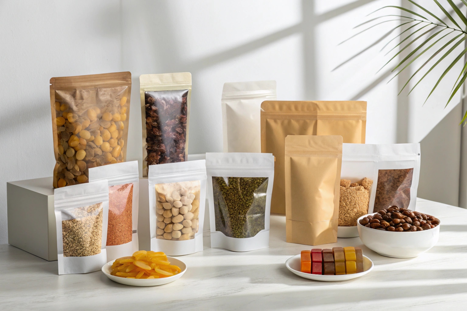 Variety of stand-up pouches filled with nuts, seeds, and snacks displayed with food samples in bowls.