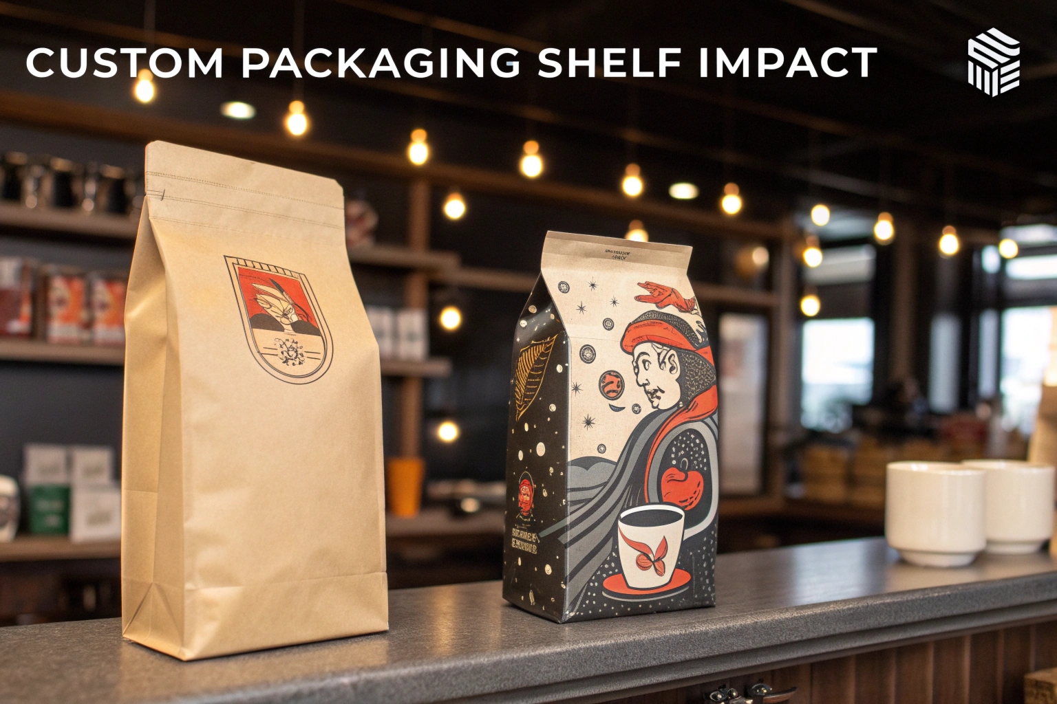 Two custom-printed coffee bags on café counter showcasing unique branding and shelf appeal.