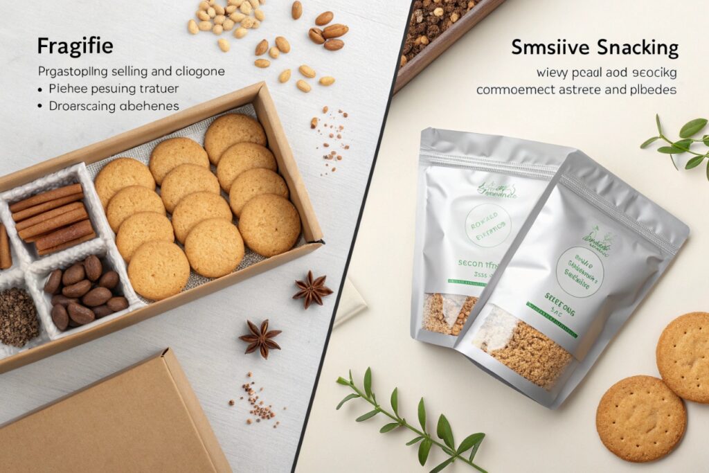Comparison of boxed cookies and resealable pouch snacks with text highlighting product features.