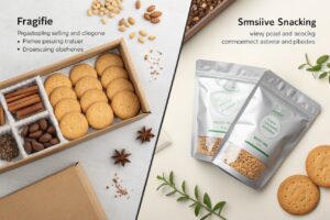 Comparison of boxed cookies and resealable pouch snacks with text highlighting product features.