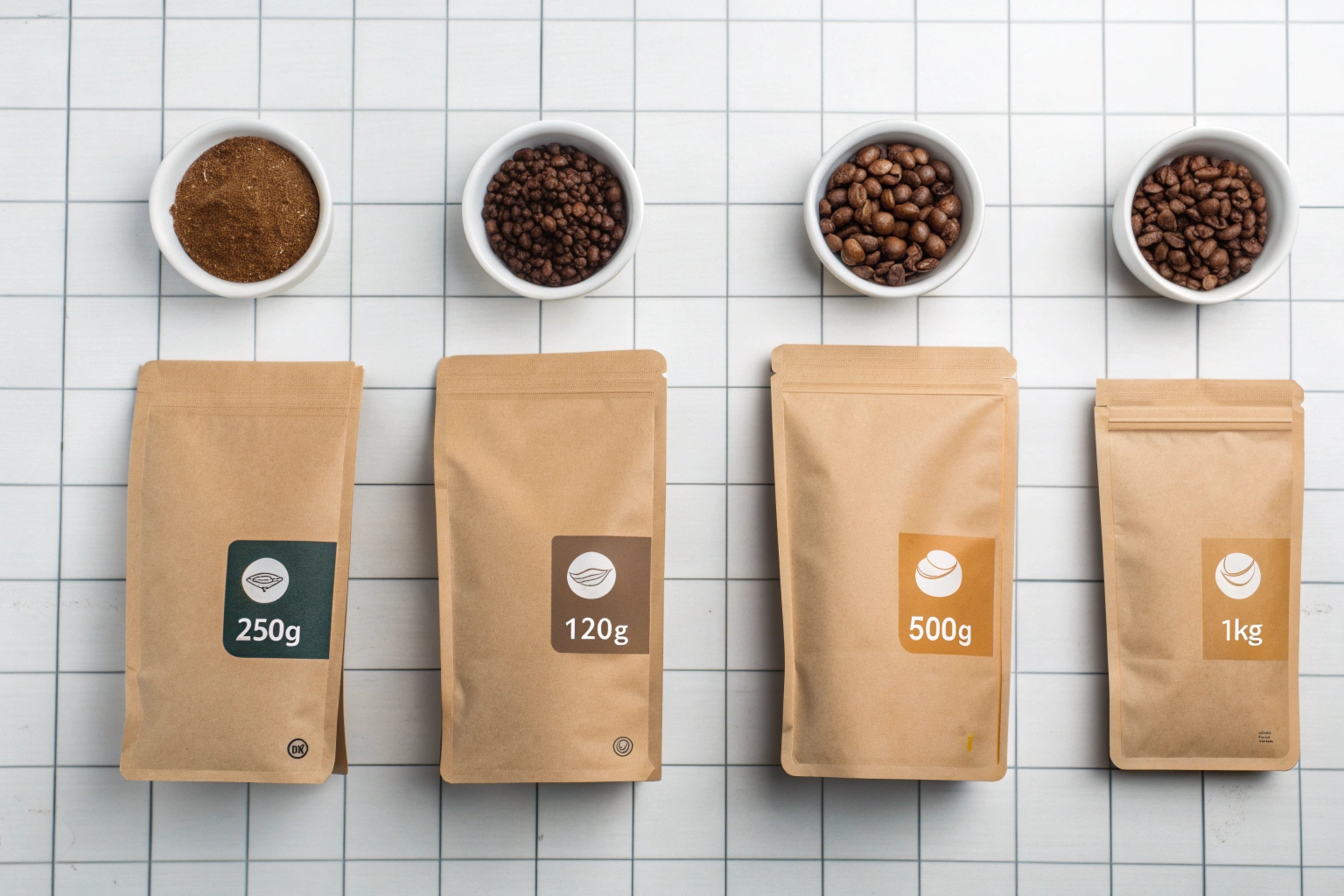 Kraft coffee pouches in 120g, 250g, 500g, and 1kg sizes with matching coffee samples in bowls.