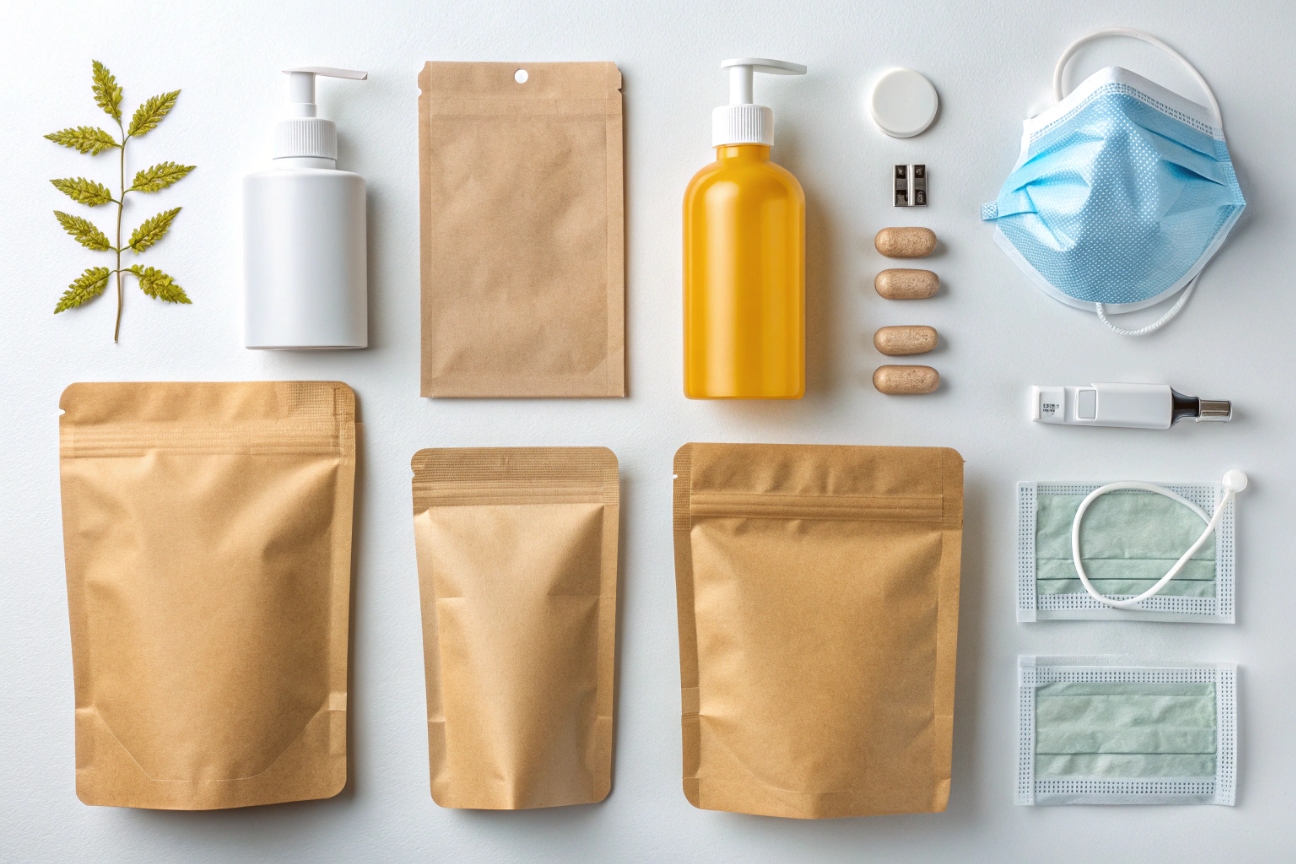 Flat lay of kraft pouches, bottles, face masks, and medical items arranged neatly on a white background.