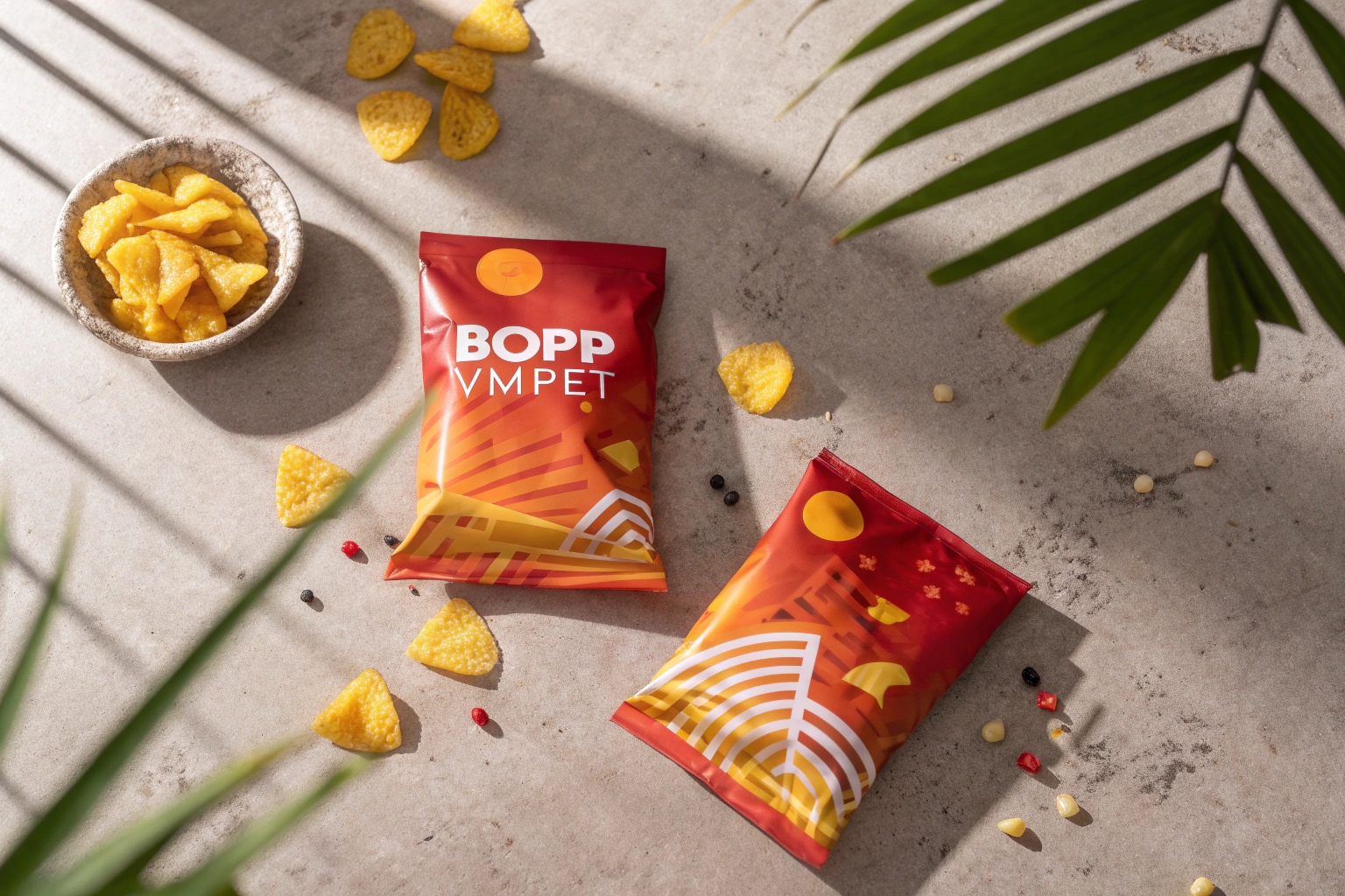 BOPP VM-PET snack packaging bags with chips and tropical sunlight setting.