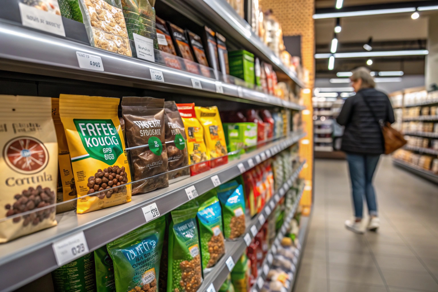 Colorful snack and nut pouches displayed on supermarket shelf with customer shopping in background.