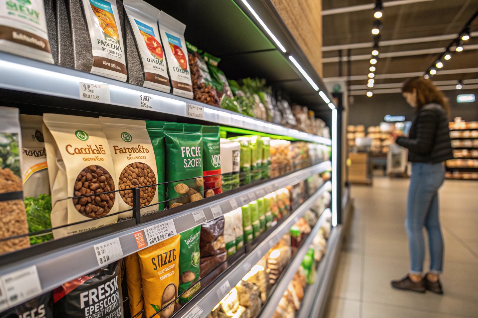 Snack and nut pouches neatly displayed on supermarket shelves with a shopper browsing nearby.