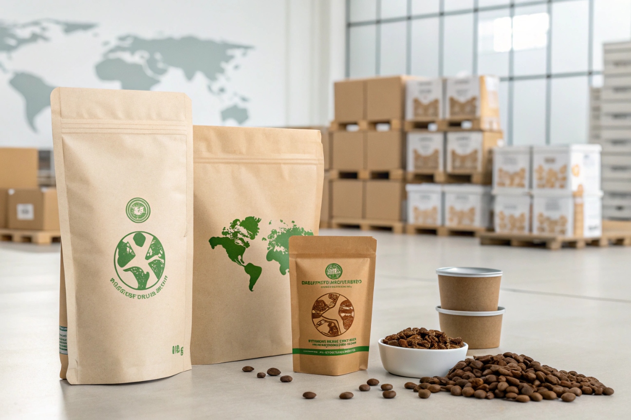 Eco-friendly kraft coffee pouches with green earth graphics displayed in warehouse with coffee beans and cups.