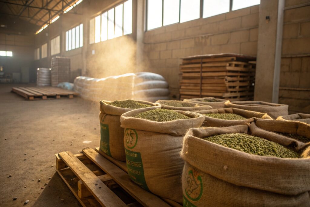 Burlap sacks filled with raw green coffee beans stored in a sunlit warehouse.