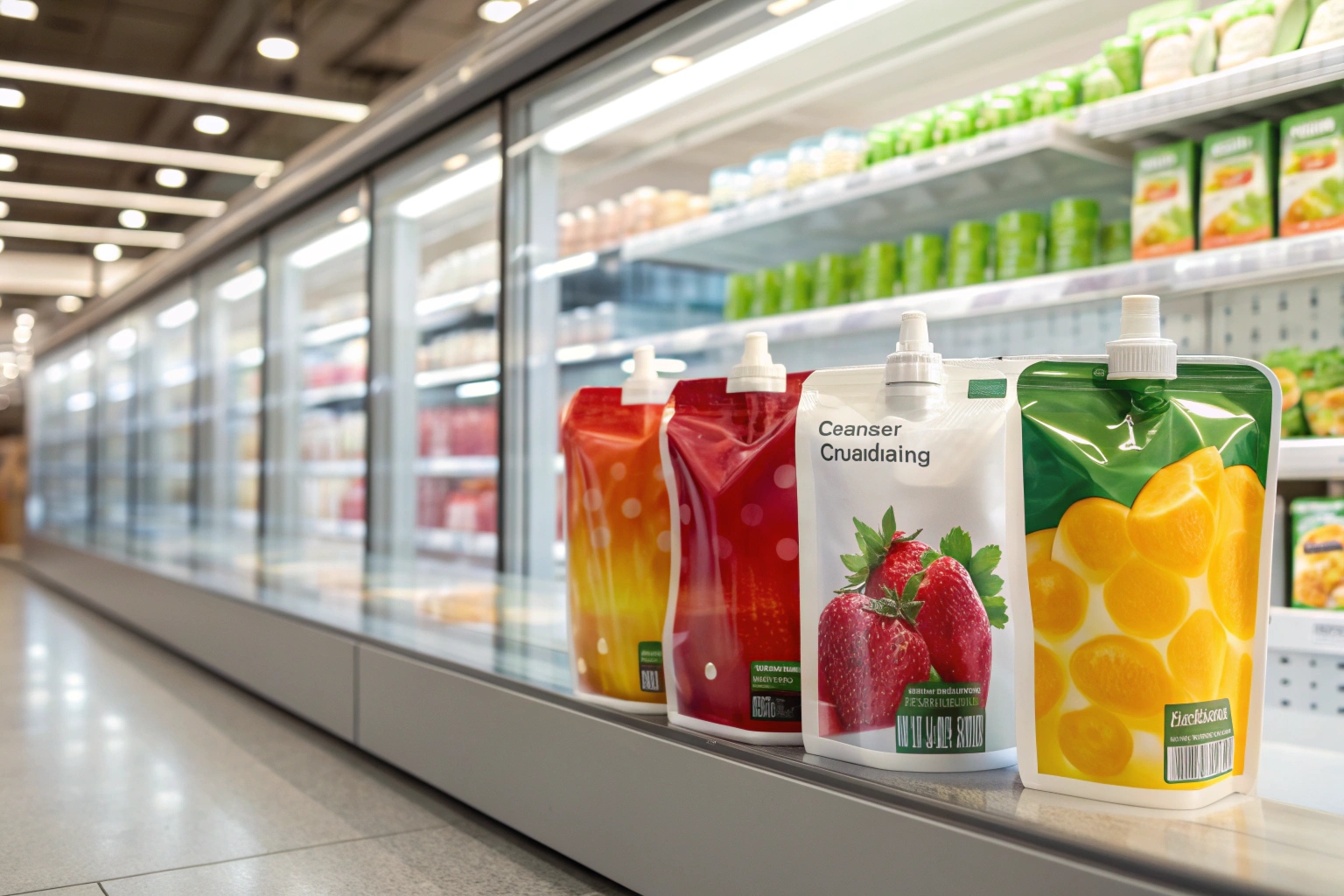 Colorful spouted pouches with fruit designs displayed in supermarket cooler aisle.