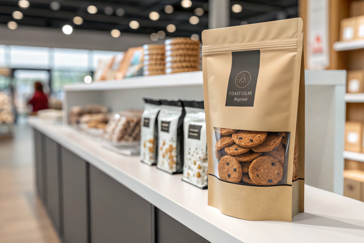 Kraft paper stand-up pouch with clear window showing chocolate chip cookies on display shelf.