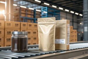 Kraft stand-up pouches and coffee jar on conveyor belt in warehouse with stacked cartons.