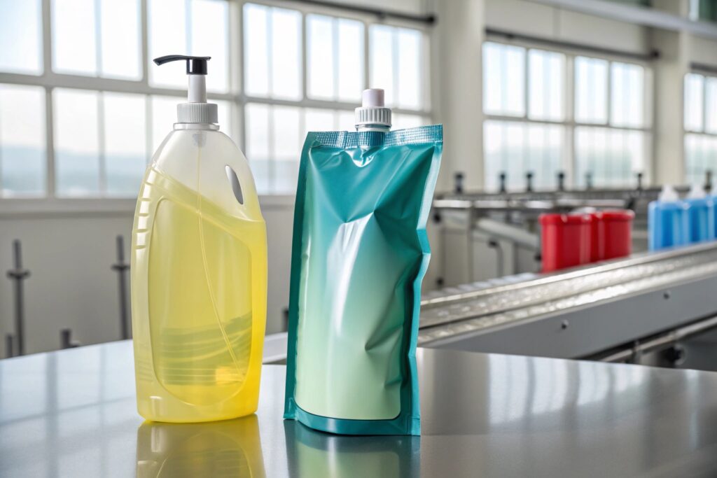 Spouted stand-up pouch and plastic bottle for liquid packaging in factory setting.