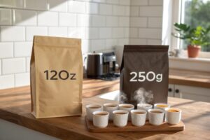Coffee bags labeled 12oz and 250g next to steaming cups on a wooden kitchen counter.