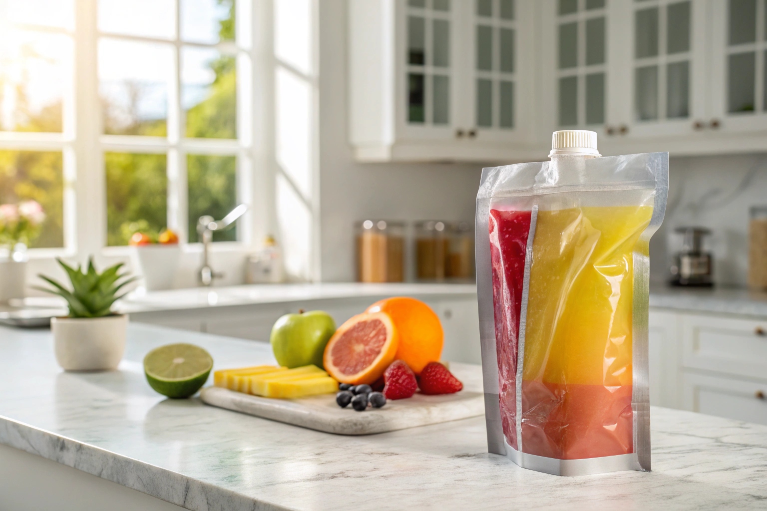 Transparent spout pouch with bright orange juice on marble counter in sunlit kitchen.