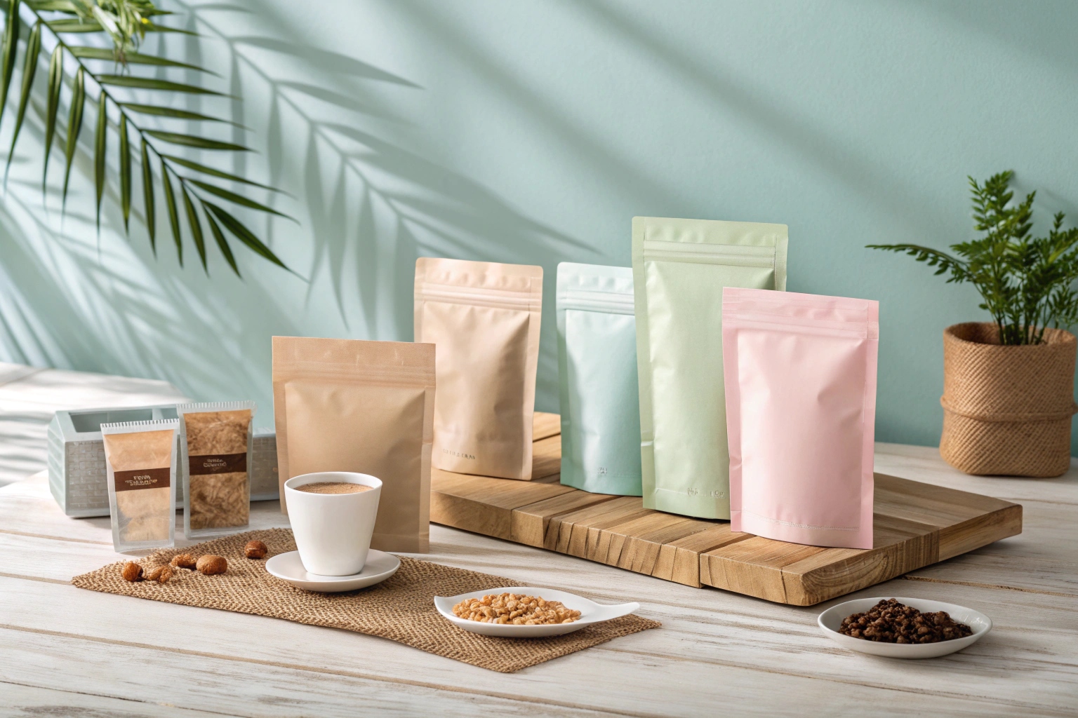 Coffee Snack Packaging Colorful stand-up pouches with coffee, snacks, and nuts on wooden table in natural light.