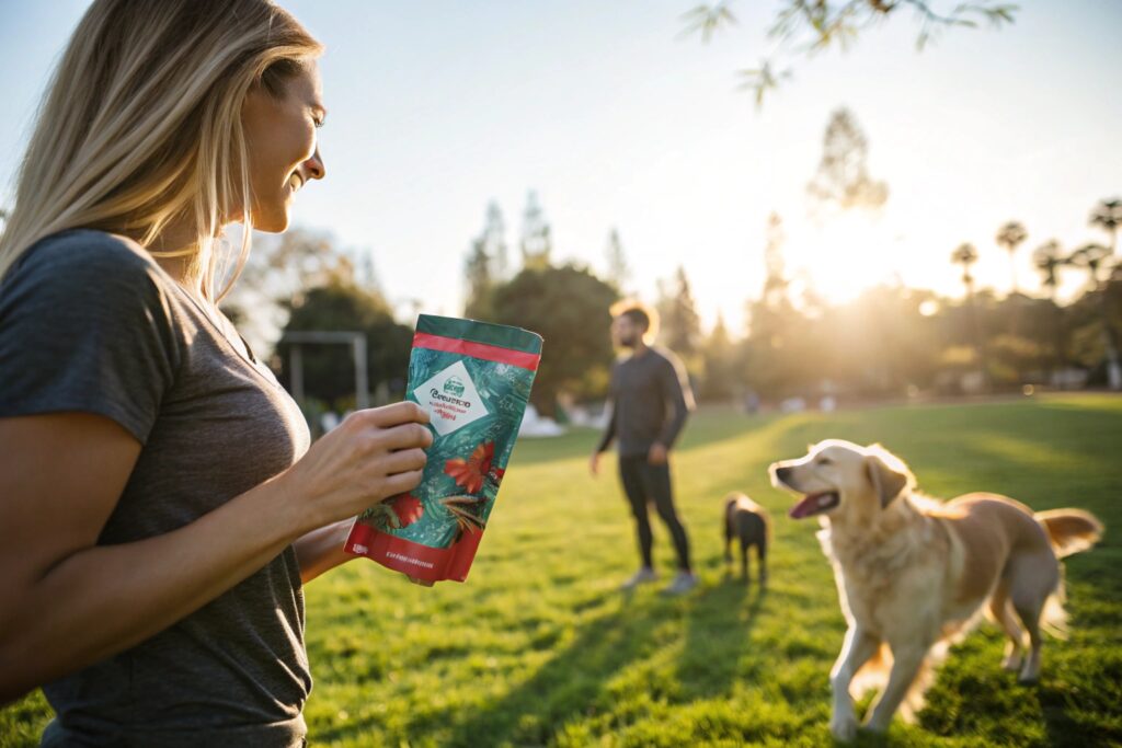 Woman holding printed stand-up pouch outdoors with dogs and sunlight in park.