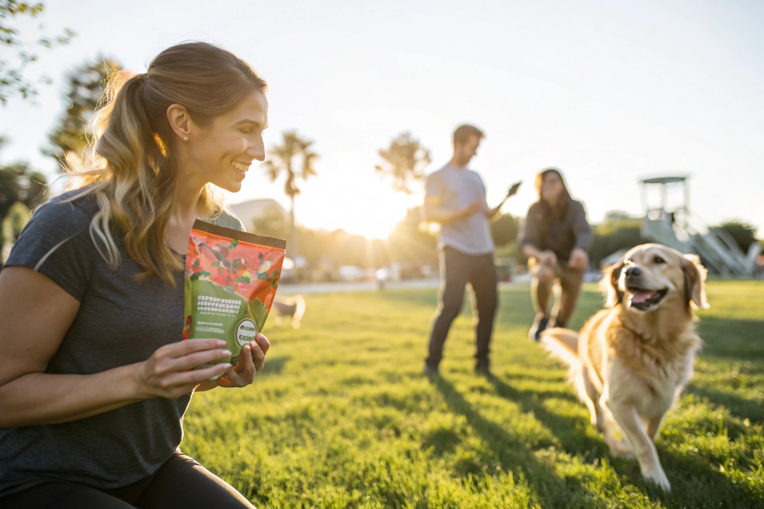 Smiling woman holding colorful pouch with dog and people at sunset park.