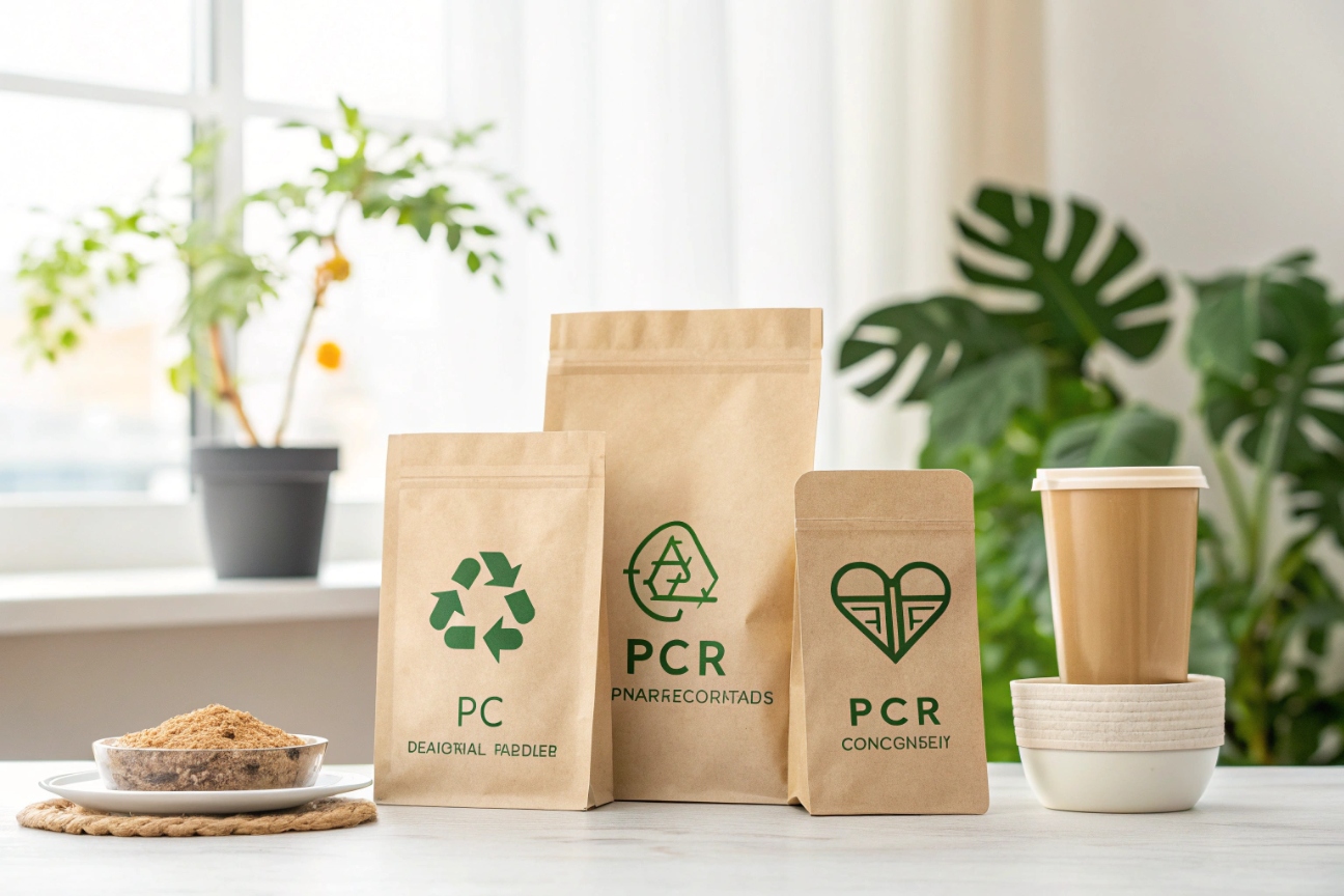 Eco-friendly kraft pouches labeled PCR with green sustainability icons on table with plants and coffee cup.