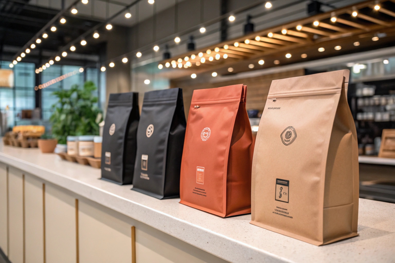 Four modern coffee pouches in black, red, and kraft colors displayed on a café counter under warm lighting.