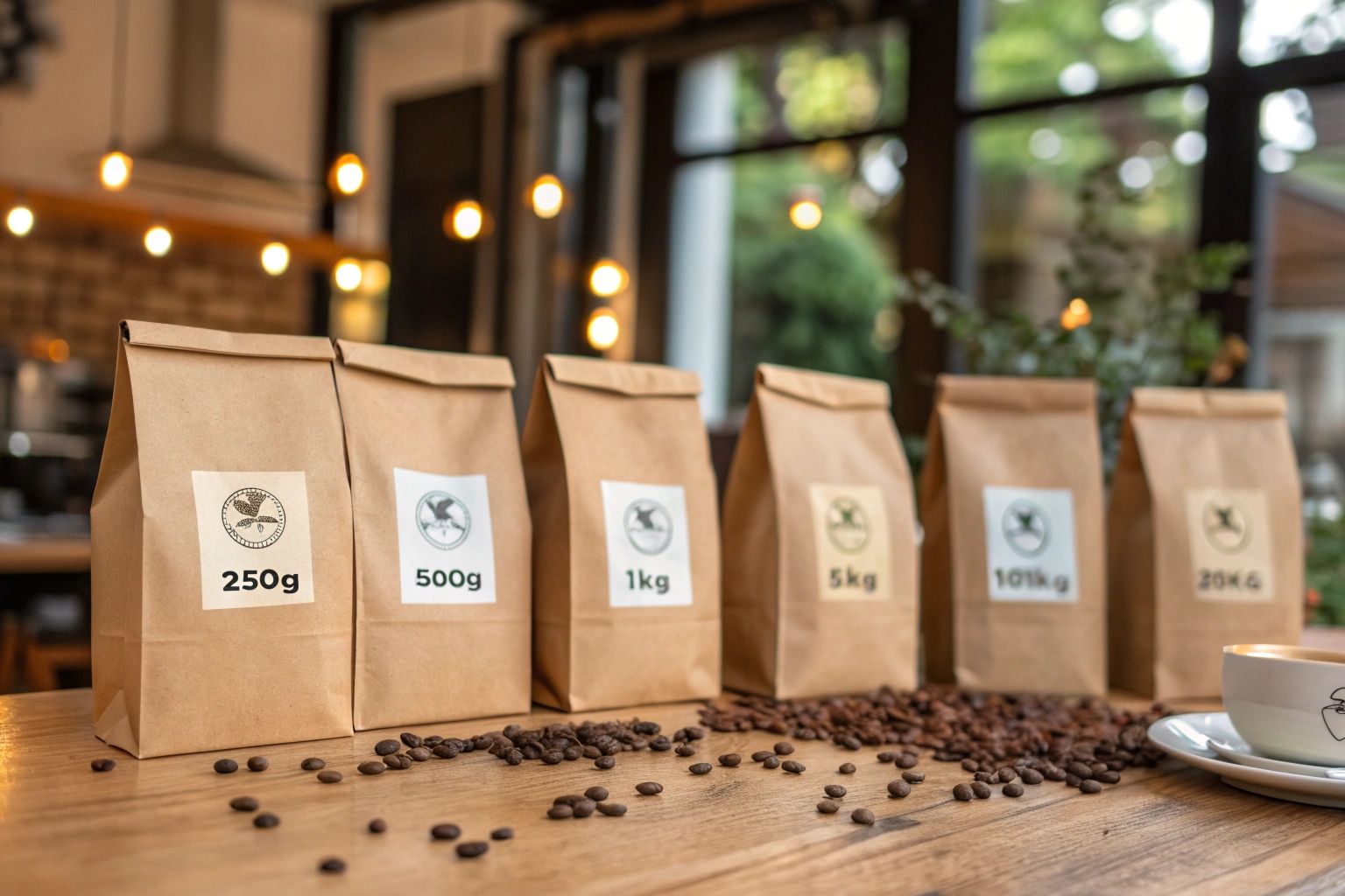 Kraft paper coffee bags in sizes from 250g to 20kg displayed on wooden table.