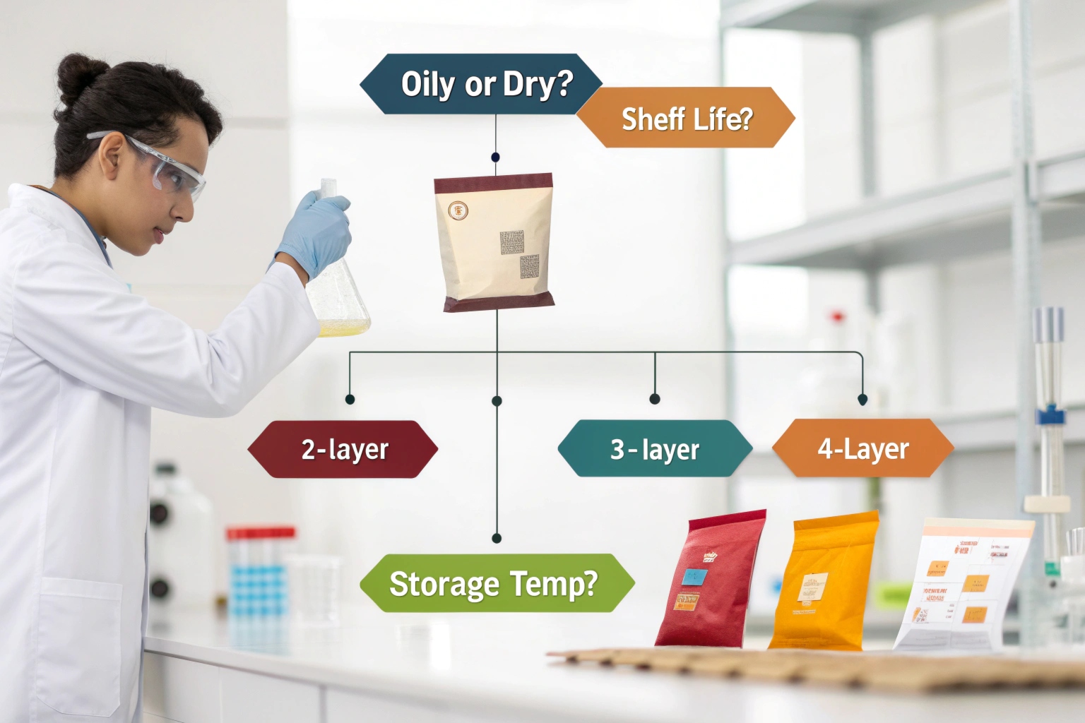 Scientist analyzing packaging needs for 2-layer, 3-layer, and 4-layer pouches based on product type.