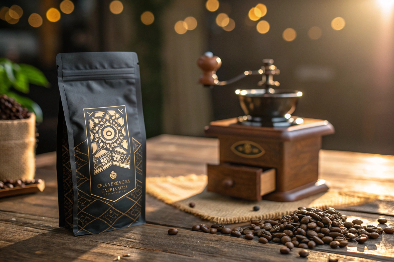 Black coffee pouch with gold pattern beside wooden grinder and roasted beans.