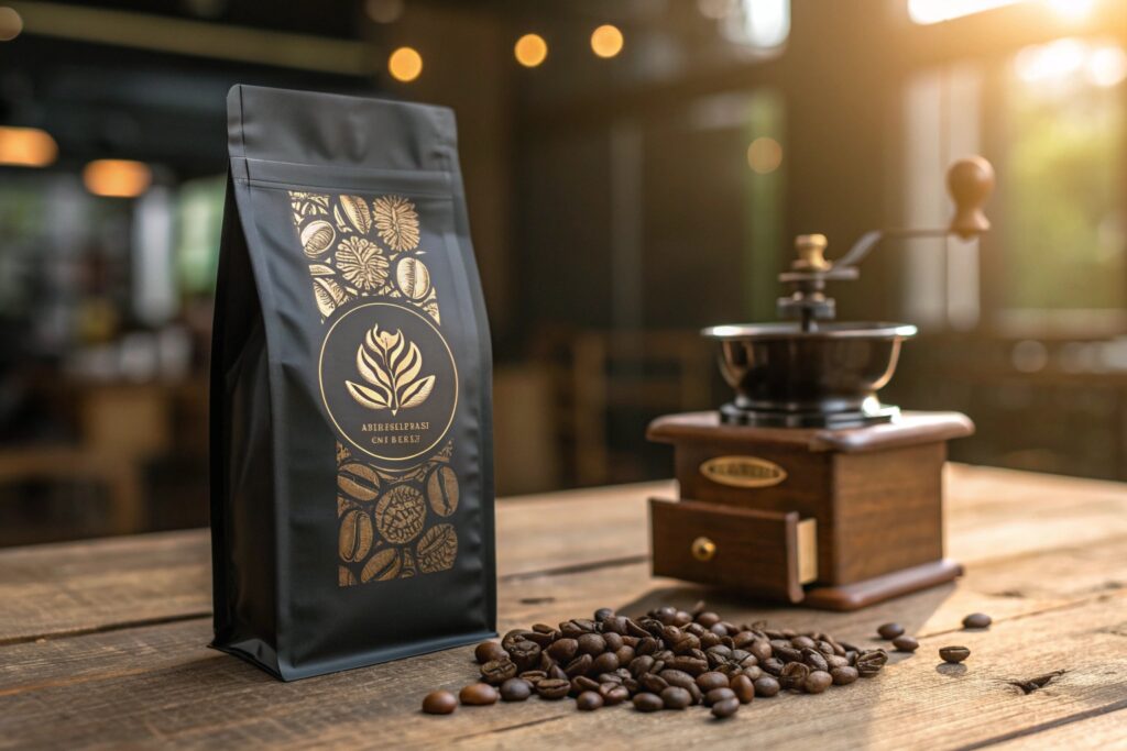 Premium matte coffee pouch with gold printing beside vintage grinder and roasted beans.