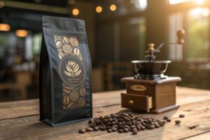 Premium matte coffee pouch with gold printing beside vintage grinder and roasted beans.