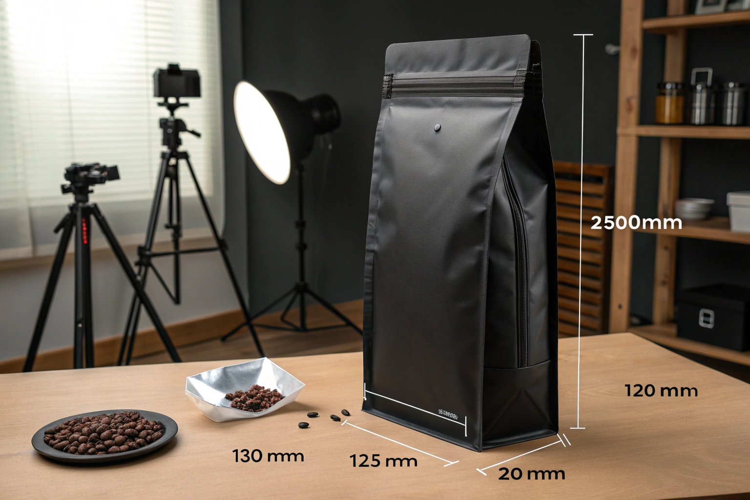 Large black coffee pouch with precise measurements displayed in a product photography studio.