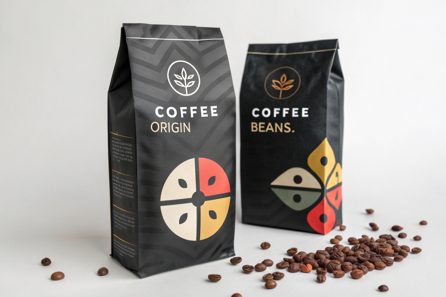 Two matte black coffee bags with modern colorful designs and scattered roasted beans.