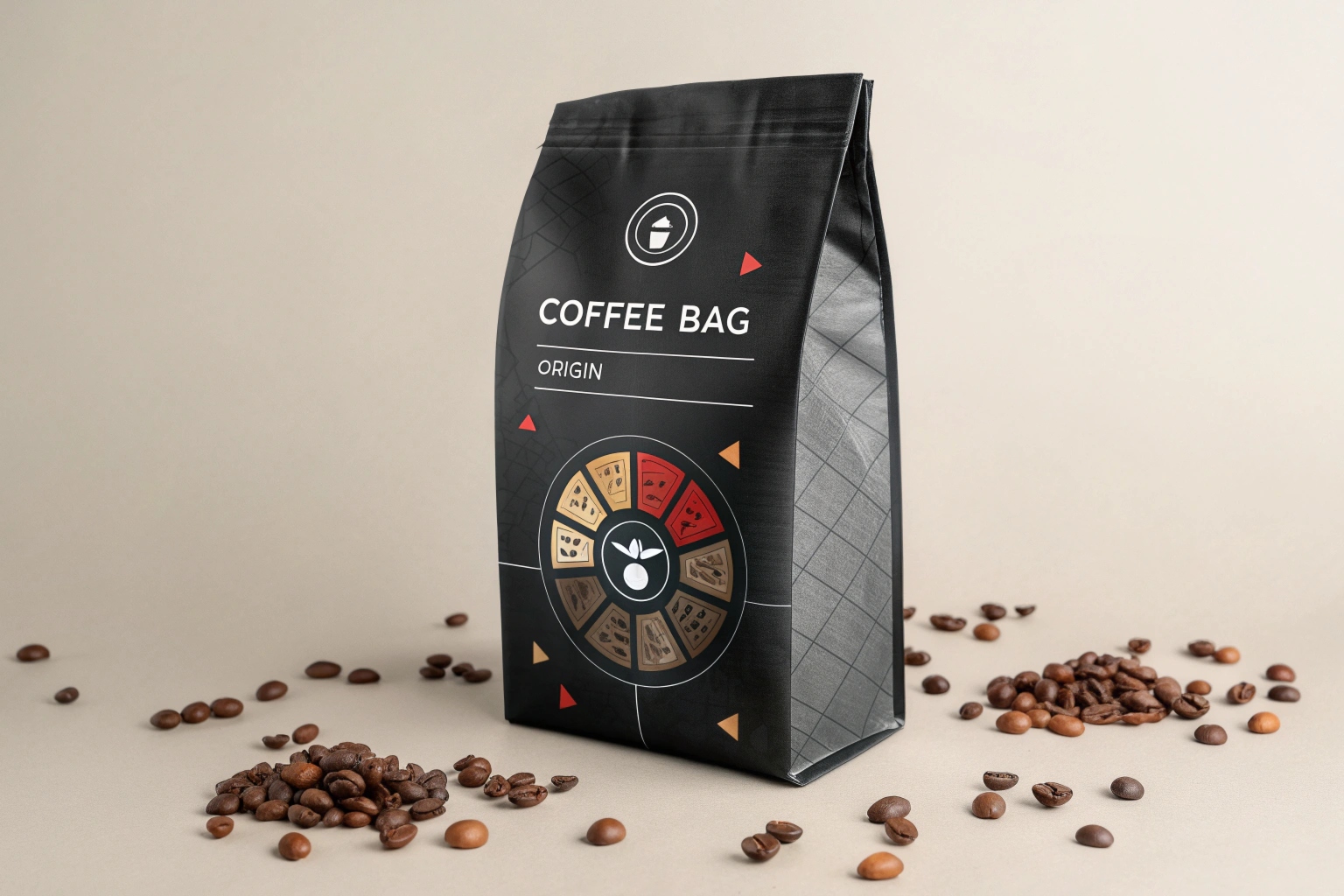 Two matte black coffee bags with modern colorful designs and scattered roasted beans.