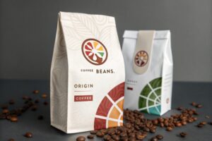 Two stylish coffee bean bags with modern colorful logo designs surrounded by scattered beans.
