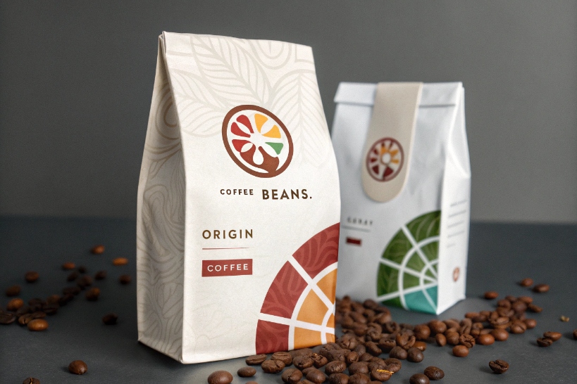 Two stylish coffee bean bags with modern colorful logo designs surrounded by scattered beans.