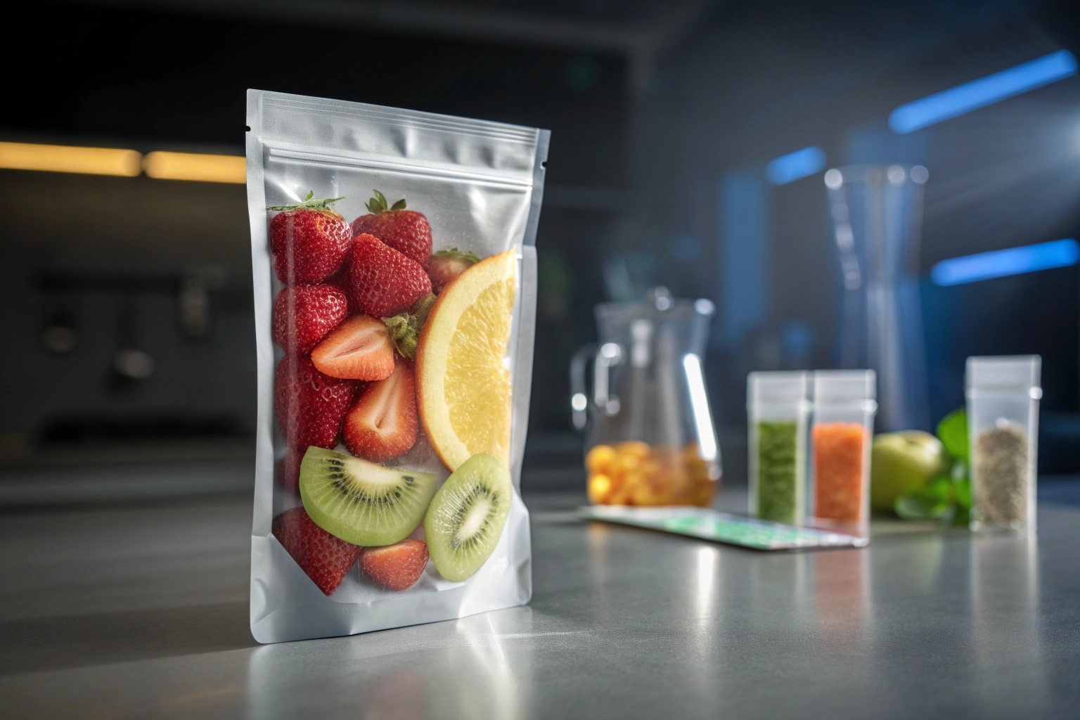 Clear stand-up pouch filled with fresh strawberries, kiwi slices, and orange wedge on countertop.