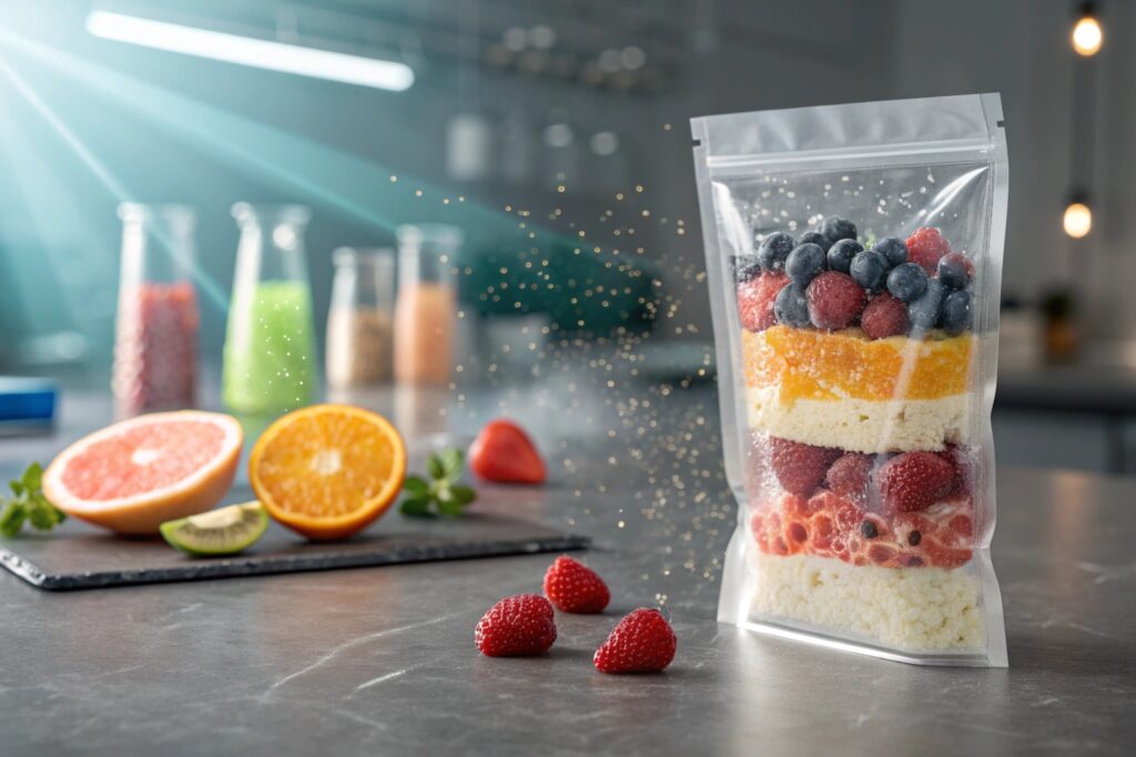 Transparent stand-up pouch filled with layered frozen fruits and sponge cake on kitchen counter.