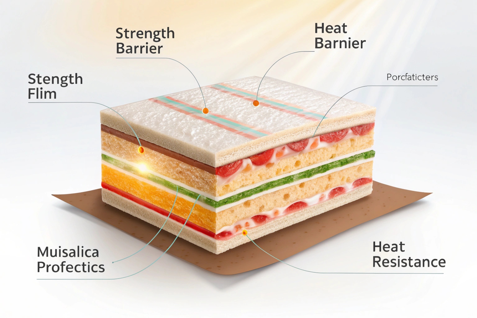 Cross-section sandwich visualizing flexible packaging layers like barrier, strength film, and heat resistance.