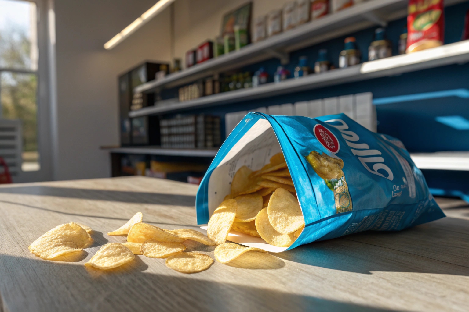 Open blue chip bag spilling potato chips on wooden table in grocery store setting.